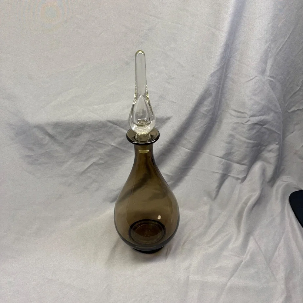 Vintage MCM Smoky Brown Glass Decanter with Clear Flame Stopper Teardrop‎ Bottle